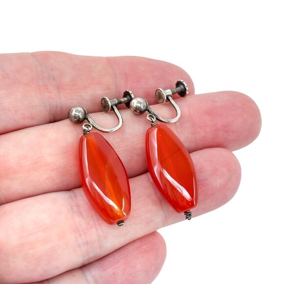 Vintage Sterling Silver 925 Carnelian Dangle Screwback Earrings - Picture 1 of 8